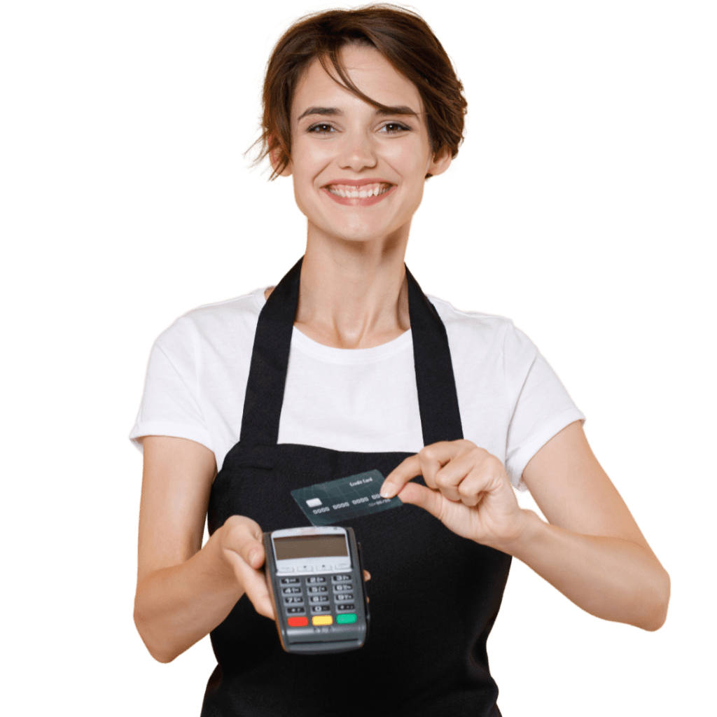 Business owner holding credit card payment terminal