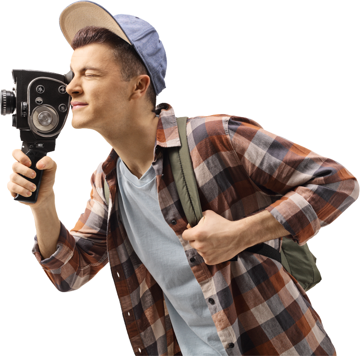 Teenager filming with a vintage video camera